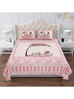 Kuber Industries - Cotton Photo Frame Cycle Double Bedsheet with 2 Pillow Covers Pink