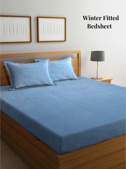 ARRABI - Skyblue Solid Woolen King Winter Fitted Bedsheet with 2 Pillow Covers
