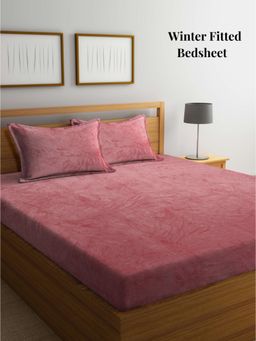 ARRABI - Rust Solid Woolen King Winter Fitted Bedsheet with 2 Pillow Covers