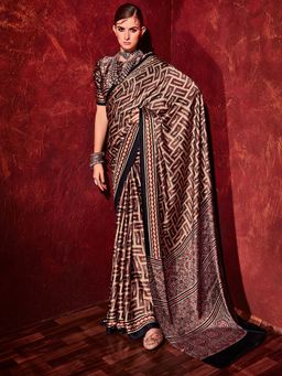 Akhilam - Womens Satin Coffee Brown Digital Print Designer Saree with Unstitched Blouse