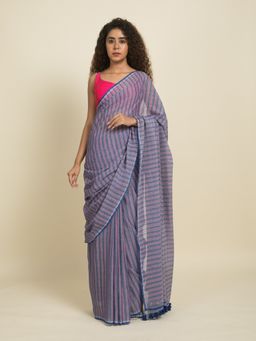 Suta - Grey and Pink Stripes On Lavender Cotton Saree