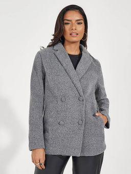Styli - Women Grey Long Line Wool Look Double Breasted Blazer