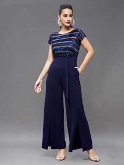 Miss Chase - Women's Navy Blue Round Neck Short Sleeve All That Glitter Party Jumpsuit