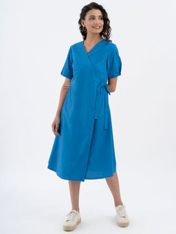 Pink Fort - Cotton Poplin Wrap Dress Blue