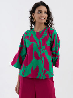Pink Fort - Cotton Poplin Floral Top Green & Pink