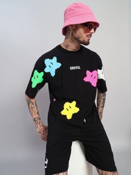 Griffel - Men's Black Pure Cotton Oversized Crew Neck Printed T-Shirt