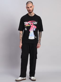 Griffel - Men's Black Pure Cotton Oversized Crew Neck Boy Graphic Printed T-Shirt