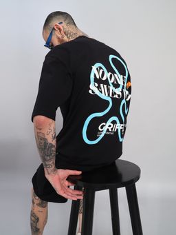 Griffel - Men's Black Pure Cotton Oversized Crew Neck Save Graphic Printed T-Shirt