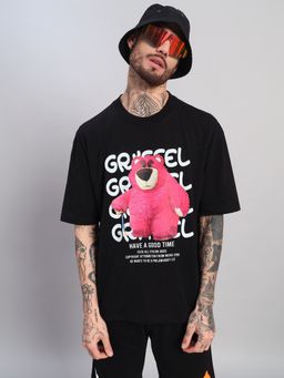 Griffel - Men's Black Pure Cotton Oversized Crew Neck Teddy Graphic Printed T-Shirt