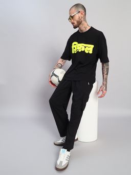 Griffel - Men's Black Pure Cotton Oversized Crew Neck Regional Printed T-Shirt