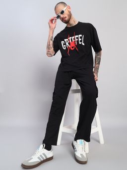 Griffel - Men's Black Pure Cotton Oversized Crew Neck Spider Graphic Printed T-Shirt