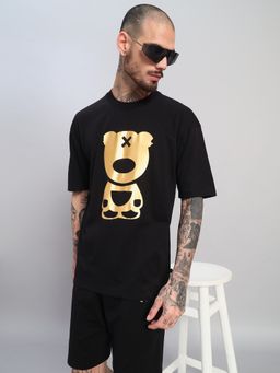 Griffel - Men's Black Pure Cotton Oversized Crew Neck Teddy Graphic T-Shirt
