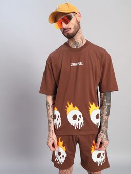 Griffel - Men's Brown Pure Cotton Oversized Crew Neck Coffee-Skulls Graphic T-Shirt