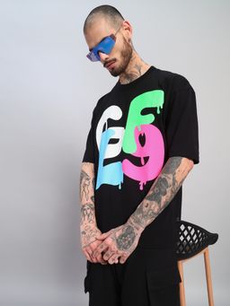 Griffel - Men's Black Pure Cotton Oversized Crew Neck Printed T-Shirt