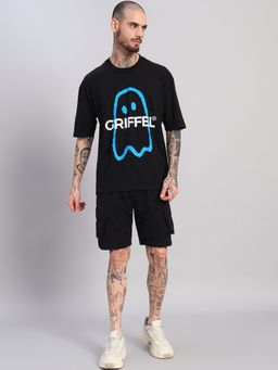 Griffel - Men's Black Pure Cotton Oversized Crew Neck Ghost Printed T-Shirt