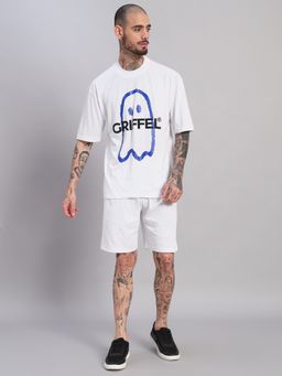 Griffel - Men's White Pure Cotton Oversized Crew Neck Ghost Printed T-Shirt