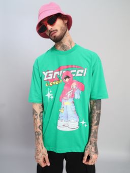 Griffel - Men's Green Pure Cotton Oversized Crew Neck Graphic Printed T-Shirt
