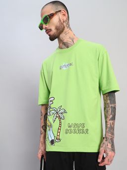 Griffel - Men's Pure Cotton Green Oversized Crew Neck Graphic Printed T-Shirt