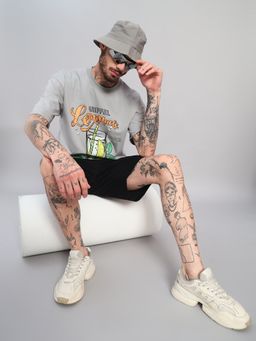 Griffel - Men's Grey Pure Cotton Oversized Crew Neck Lemonade Graphic Printed T-Shirt