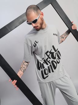 Griffel - Men's Grey Pure Cotton Oversized Crew Neck Letter Printed T-Shirt