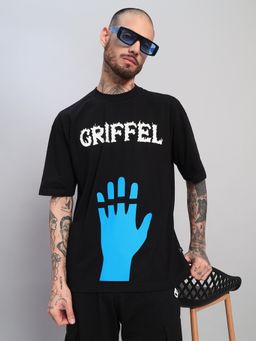 Griffel - Men's Black Pure Cotton Oversized Crew Neck Hand Printed T-Shirt