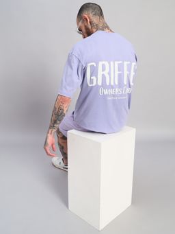 Griffel - Men's Lavender Pure Cotton Oversized Crew Neck Owner-Club Printed T-Shirt