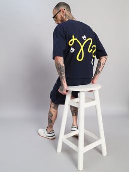 Griffel - Men's Navy Blue Pure Cotton Oversized Crew Neck Wave Printed T-Shirt