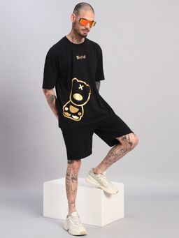 Griffel - Men's Black Pure Cotton Oversized Crew Neck Side-Teddy Printed T-Shirt