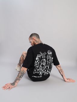 Griffel - Men's Black Pure Cotton Oversized Crew Neck Vaguely Printed T-Shirt