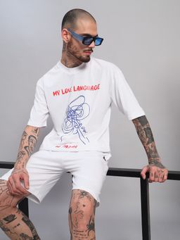 Griffel - Men's White Pure Cotton Oversized Crew Neck Pasta Printed T-Shirt