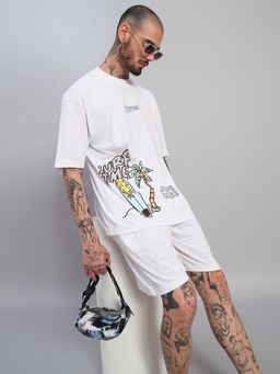 Griffel - Men's White Pure Cotton Oversized Crew Neck Wave-S Graphic Printed T-Shirt