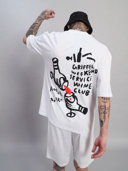 Griffel - Men's White Pure Cotton Oversized Crew Neck Typography Printed T-Shirt