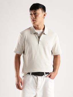 Calvin Klein - Beige Striped Regular Fit Cotton Polo T-Shirt