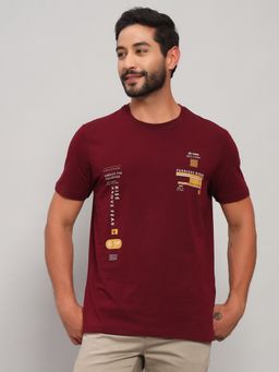 Cantabil - Men Wine Crew Neck Half Sleeves Printed Casual T-Shirt