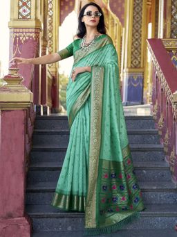 SATRANI - Women's Turquoise Woven Saree with Unstitched Blouse