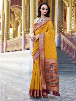SATRANI - Women's Yellow Woven Saree with Unstitched Blouse