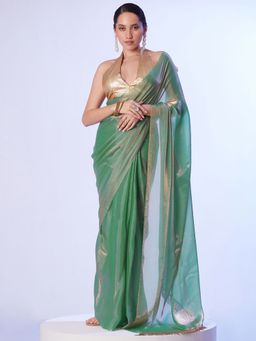 SATRANI - Women's Green Solid Saree with Unstitched Blouse
