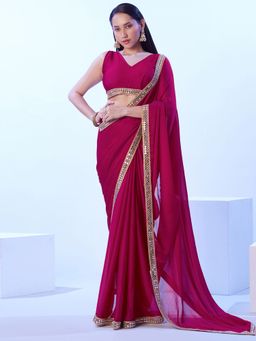 SATRANI - Women's Red Embroidered Saree with Unstitched Blouse