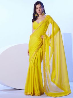 SATRANI - Women's Yellow Embellished Saree with Unstitched Blouse