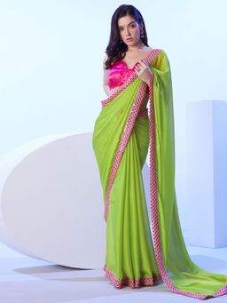 SATRANI - Women's Green Embellished Saree with Unstitched Blouse