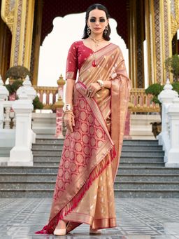 SATRANI - Women's Red Woven Saree with Unstitched Blouse