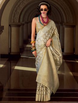 SATRANI - Women's Beige Woven Saree with Unstitched Blouse