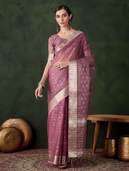 Odette - Women's Pink Woven Saree with Unstitched Blouse