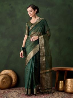 Odette - Women's Green Woven Saree with Unstitched Blouse