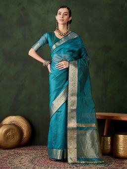 Odette - Women's Teal Woven Saree with Unstitched Blouse