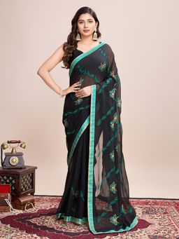 Odette - Women's Aqua Embroidered Saree with Unstitched Blouse
