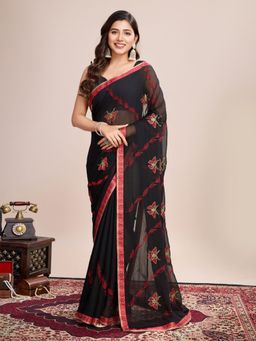 Odette - Women's Red Embroidered Saree with Unstitched Blouse