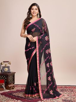 Odette - Women's Pink Embroidered Saree with Unstitched Blouse