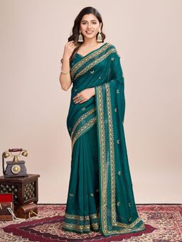 Odette - Women's Green Embroidered Saree with Unstitched Blouse