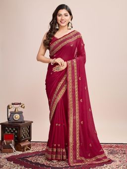 Odette - Women's Red Embroidered Saree with Unstitched Blouse